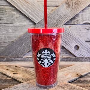 NEW Starbucks 2018 Holiday Red Glitter Grande Cold Cup & Straw, 16 fl oz